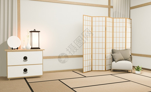 模拟海报橱柜木制日本人设计的和白色房间构想手臂椅子3d图片