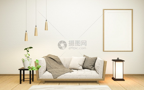 天鹅绒沙发在空白色墙壁背景的日本风格3D翻譯图片