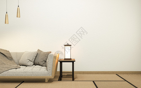 天鹅绒沙发在空白色墙壁背景的日本风格3D翻譯图片
