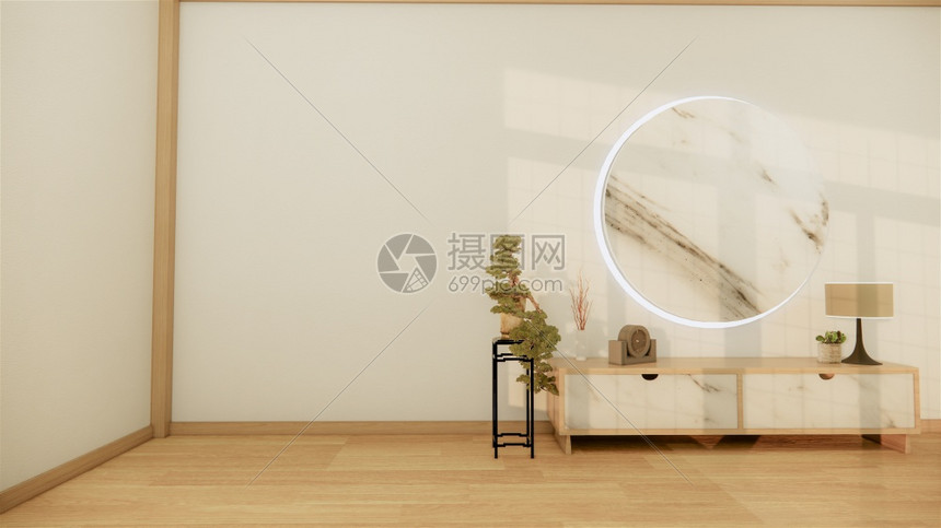 在现代空房的木制柜子和白色地板室热带风格的白色墙上3D图片