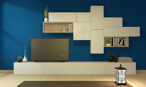 现代黑蓝色空房的TV柜台日式本最小设计3D图片