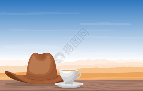 沙漠风景图中的茶杯和牛仔帽卡通矢量插图图片