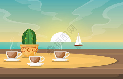 海边落日帆船和茶杯仙人掌图片