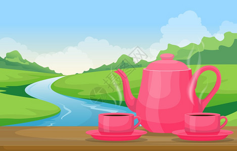 自然风景河流和茶杯图片