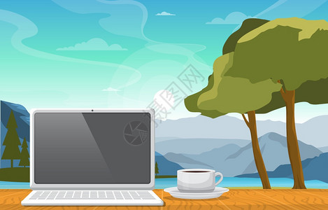 山中湖边一杯茶和笔记本电脑图片