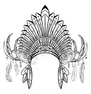 带羽毛装饰品和有羽毛玫瑰的鹿角绘画土著印地安人帽的轮廓部落服装纹身草图印在t恤衫上彩色页和设计上的矢量插图部落服装图片