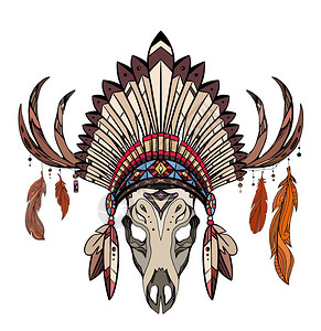 用角绘制鹿头骨的彩色图画印地安人本的羽毛和装饰帽部落服纹身草图的矢量画印在t恤和设计上用角绘制鹿头骨的彩色图画印地安人本的羽毛和图片