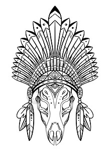 绘制鹿头骨的轮廓图上面有带羽毛和装饰的印地安人帽子部落服装纹身草图印在t恤衫上彩色页和设计上的矢量图绘制带有羽毛和装饰的印地安人图片