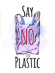 不对塑料说用孵化和紫水色喷洒的塑料袋画线环境污染垂直卡片矢量涂鸦图画你的创造力说不图片