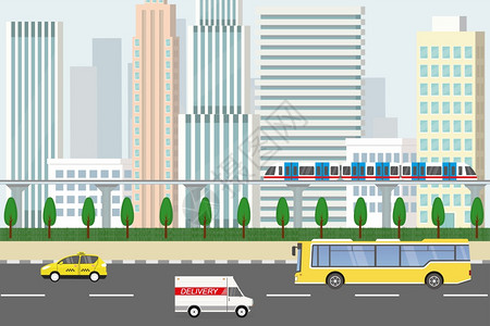 摩天大楼的城市公共交通矢量图图片