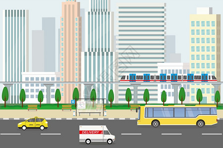 公共交通摩天大楼的城市矢量图图片