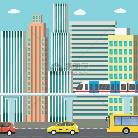 城市视图和不同汽车公寓矢量图图片