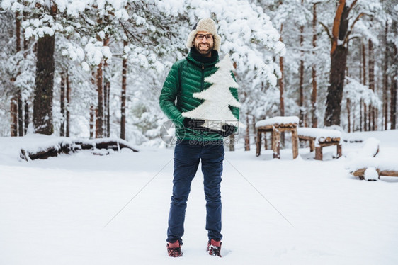 在美丽的冬季森林中行走持有小白人造卷毛树在新年节假日前登广告图片