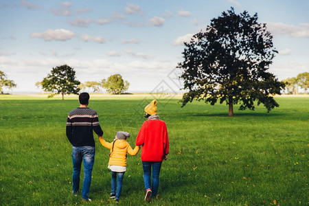 幸福的家庭握手在绿草地上图片