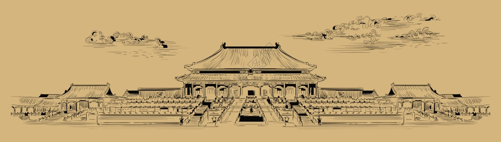 部禁城宫殿建筑群部的地标手工绘制的矢量素描图以单色颜绘制与蜜背景隔绝旅游概念背景图片