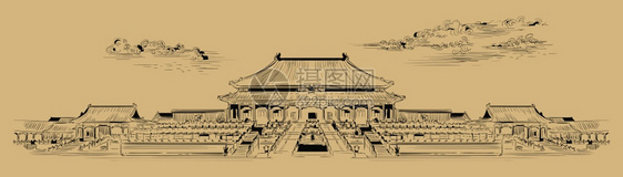 部禁城宫殿建筑群部的地标手工绘制的矢量素描图以单色颜绘制与蜜背景隔绝旅游概念图片