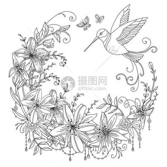 黑白线稿花环与鸟类矢量元素插画图片