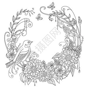黑白线稿花环与鸟类矢量元素插画背景图片