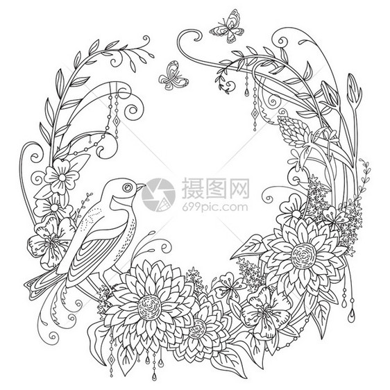 黑白线稿花环与鸟类矢量元素插画图片