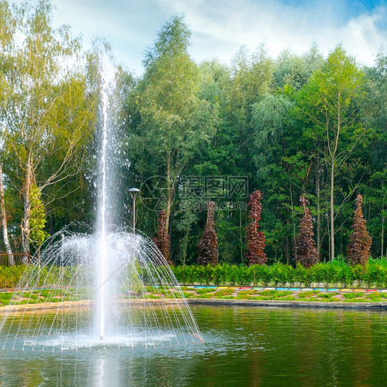 公园湖边的喷泉图片