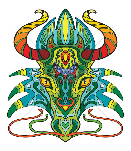 龙的彩色装饰肖像白背景上孤立的矢量装饰抽象轮廓插图成人彩色t衬衣