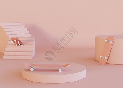 3d插图一套3个滑板上面印有糊色背景最小概念设计元素图片