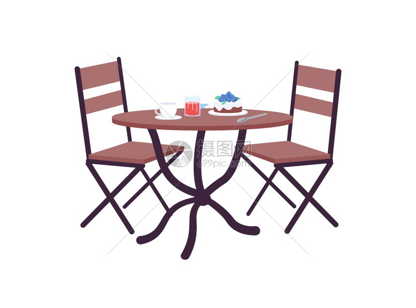 咖啡厅桌配有平板彩色矢量标定的餐桌饮浪漫晚宴面包午餐日期为咖啡厅甜品点提供用于网络图形设计和动画的孤立漫插图餐桌配有平板彩色矢量图片