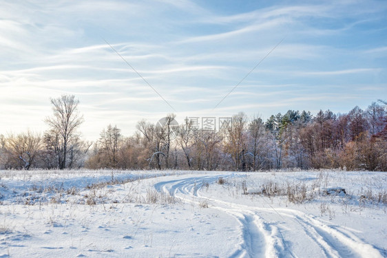 冬季风景白色雪地上有条路一片森林与蓝色天空相对云彩闪发光图片