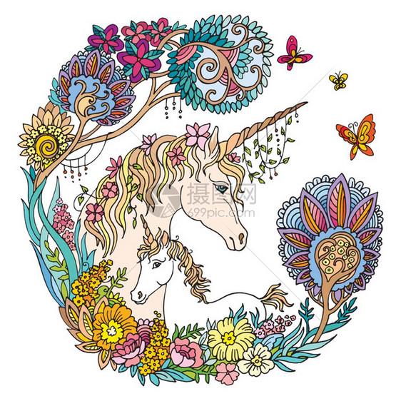 美丽的独角兽和花粉矢量朵由圆形组成白色背景上孤立的彩色观赏插图t衬衫贴纸设计和纹身多彩的独角兽与花矢量图片