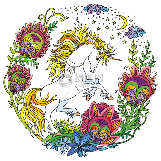 以圆形组成花朵的向量美丽独角兽白色的彩观赏插图方形boh用于t衬衫标签设计和纹身彩色的可爱独角兽带有花矢量插图图片