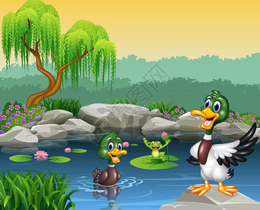 卡通可爱池塘里游泳的鸭子和青蛙图片
