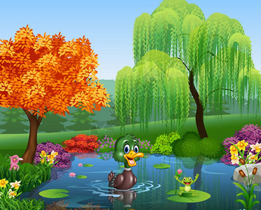 卡通可爱池塘里游泳的鸭子和青蛙图片