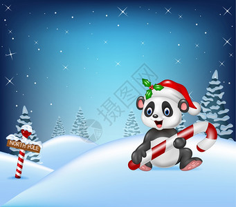 卡通熊猫坐在雪地上图片
