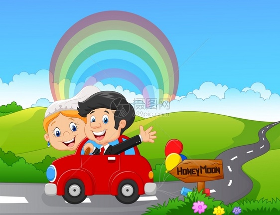 刚结婚的夫妇在蜜月旅行中驾驶汽车卡通矢量插画图片