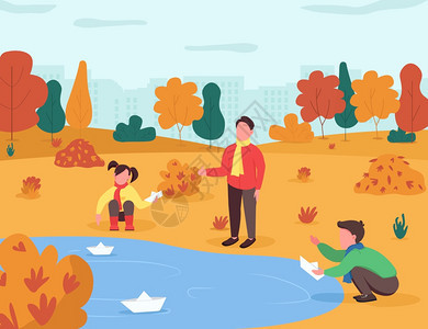 在秋天的河畔一群孩子们放船嬉戏图片