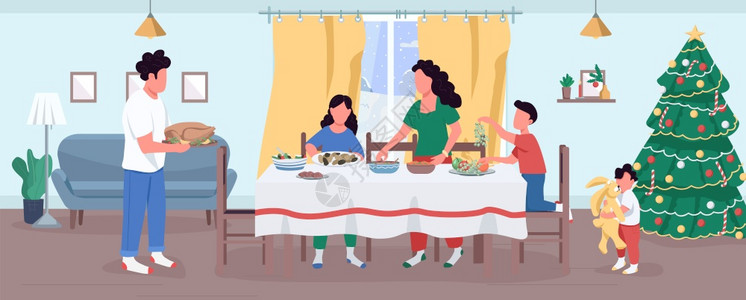 一家人聚在一起吃饭矢量插图图片