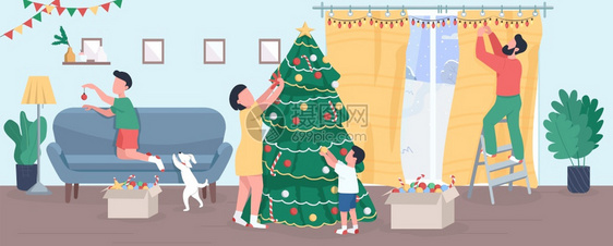 圣诞节一家人在家里装饰圣诞树图片