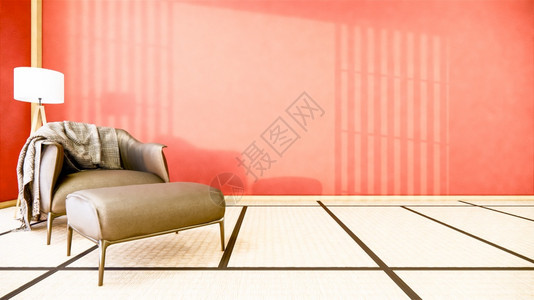 室内设计有张手椅放在空红室日本人设计的3d铸造图片