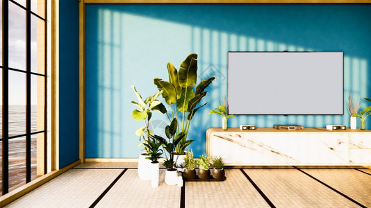 位于日本客厅的TV柜台蓝天墙背景3d图片
