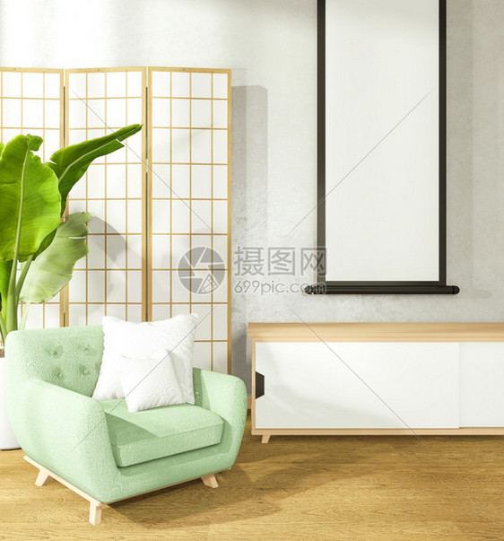 白色墙壁背景的日本客厅椅子和橱柜3d图片