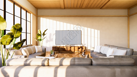 在日本客厅的沙发和内阁白墙背景3d图片