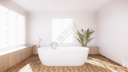 室内浴缸有墙壁白和木地板图片