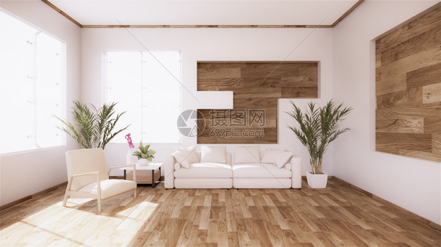 一个客厅有沙发的用最起码的白色热带风格客厅用木质谷物地板3d图片