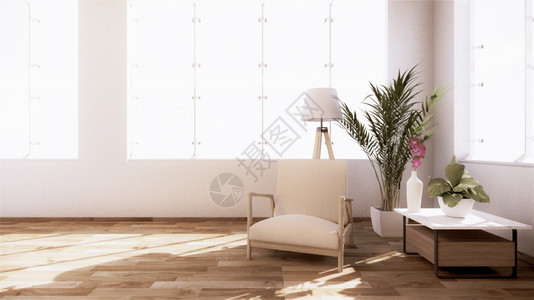 室内装饰用日本式加上现代配有扶手椅和植物装饰背景图片