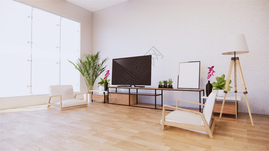 白色墙最微小和zen内部的白色墙壁上椅子和电视机柜3d图片