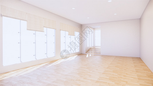 宽敞干净的白墙和有阳光干净的白墙和木质谷物地板的阳光照亮进入房间背景图片
