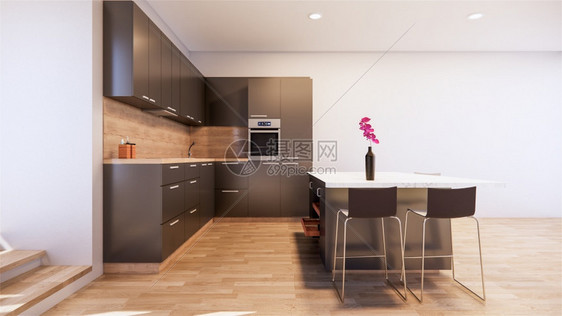 内部黑色厨房间用木砖制成的厨房柜台3D图片