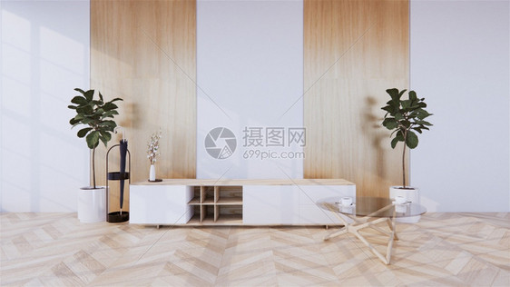 现代客房内的橱柜和woon地板上的白色墙壁为日式风格三维渲染图片