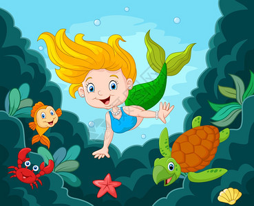 小美人鱼与海洋动物在水下游泳图片