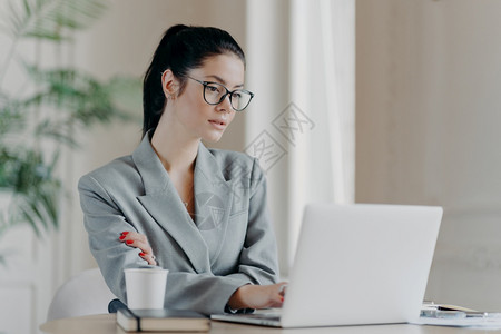 严重女创业者戴眼镜黑头发梳成马尾商业项目集中在笔记本电脑上穿着灰色正规服装使用网络资源信息背景图片